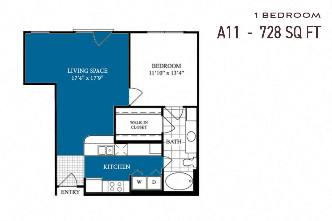 Floor plan for 1 bed, 1 bath, 728 sqft